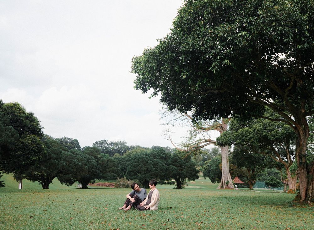 Two people sitting together on lush green grass under tall trees in a tranquil park setting.