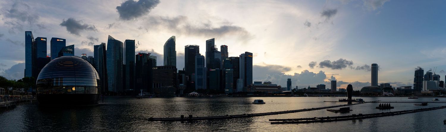 Dramatic cityscape panorama at sunset with skyscrapers silhouetted against cloudy sky.