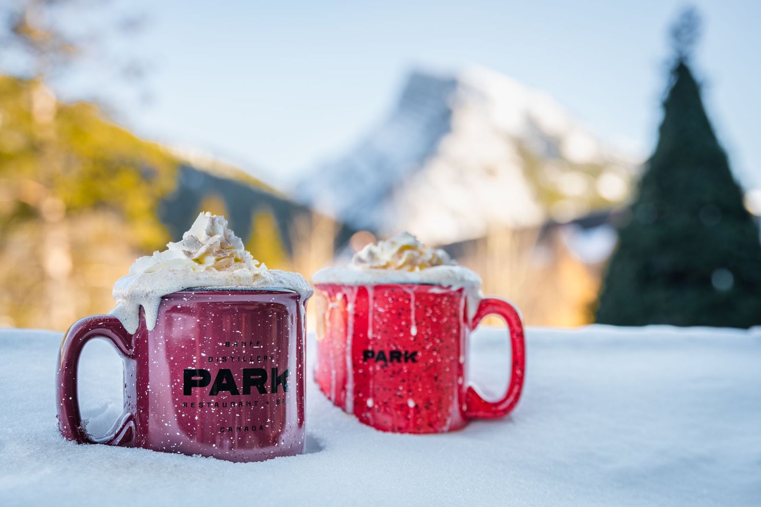 A red dotted mug filled with hot chocolate and whipped cream sits in fresh snow with mountains blurred in background.
