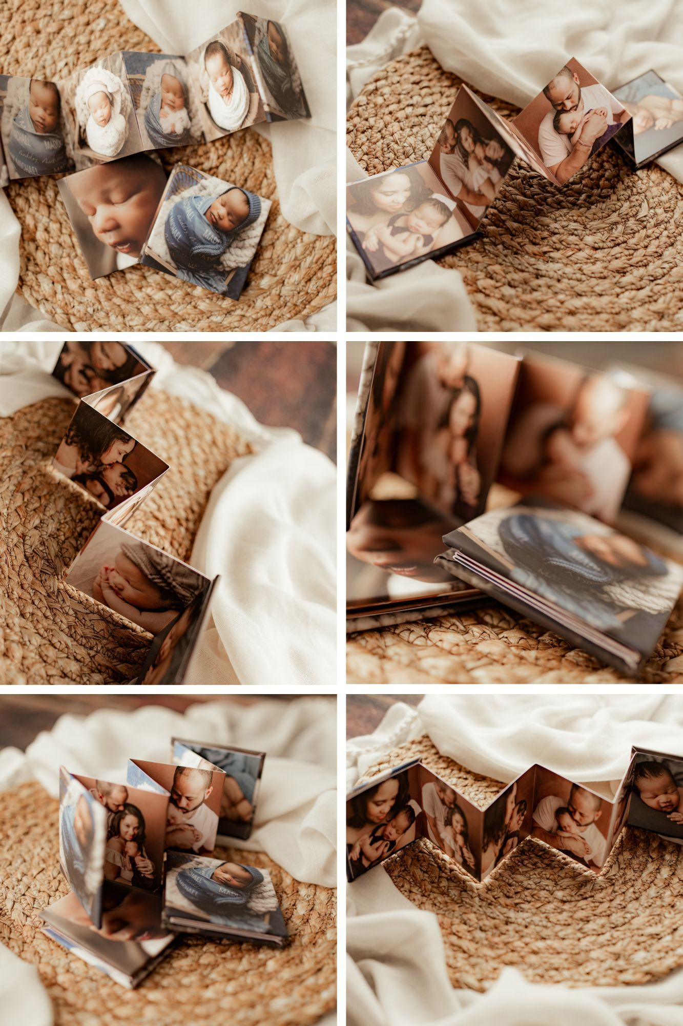 Grid of professional photo prints arranged on natural woven mat showing various newborn poses.