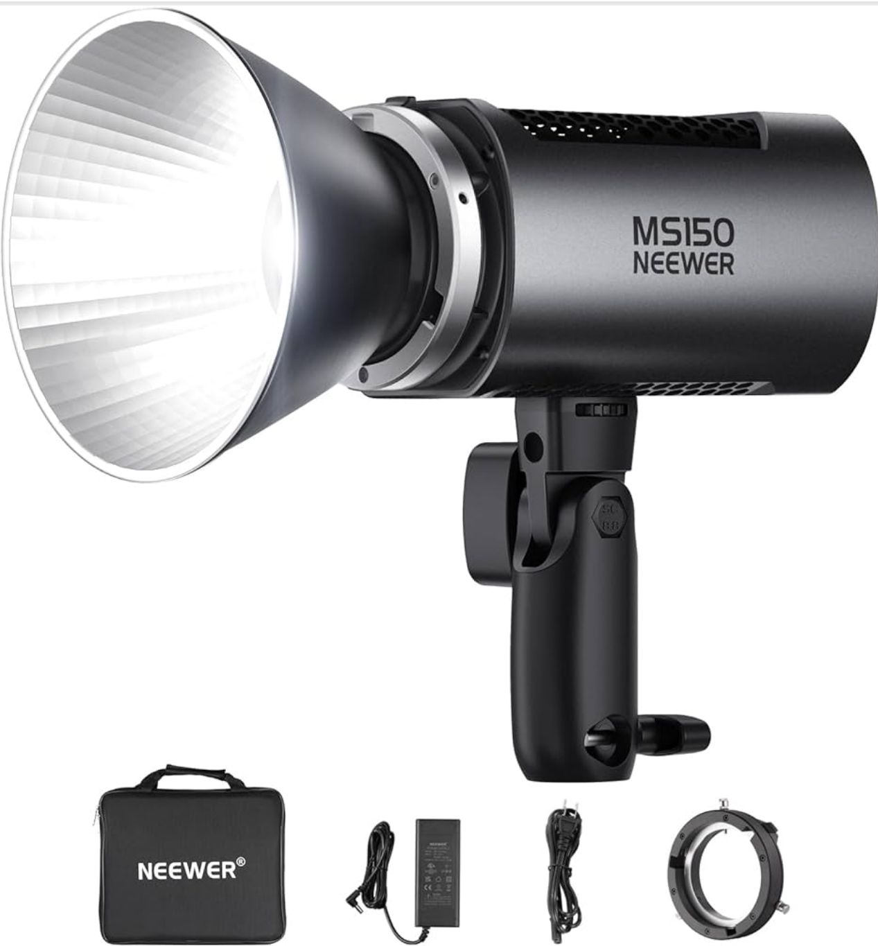 Professional Neewer M5150 portable studio flash kit with carrying case, power adapter and sync cable on white background.