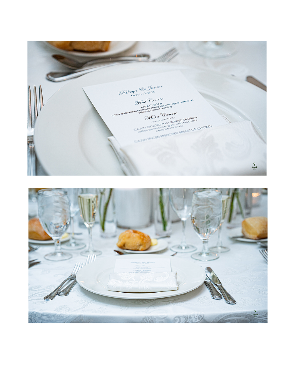 Elegant white place settings with menus and glassware arranged on tables at a formal dining event.