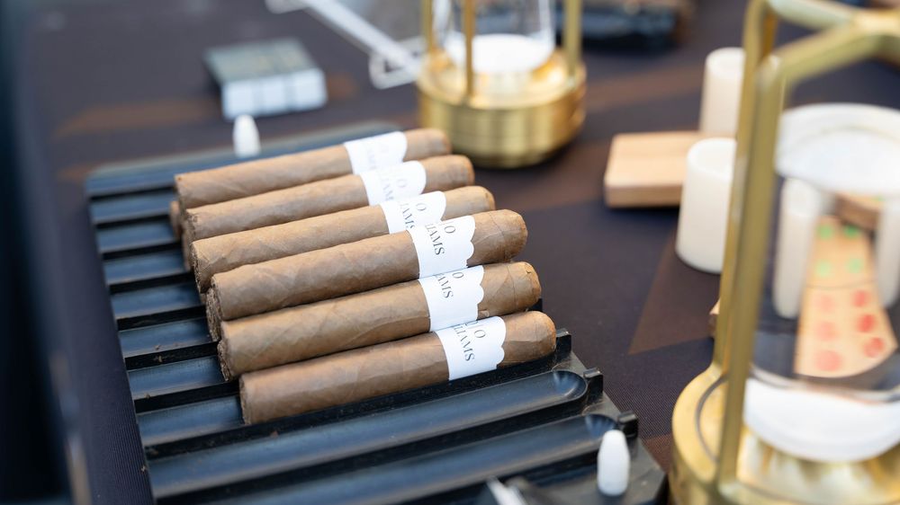 Premium cigars lined up in a row on a dark wooden surface with a gold-colored accessory in the background.