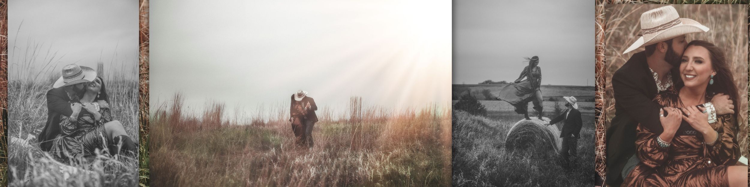 A series of moody outdoor portraits in a foggy field showcasing intimate moments in muted autumn tones.