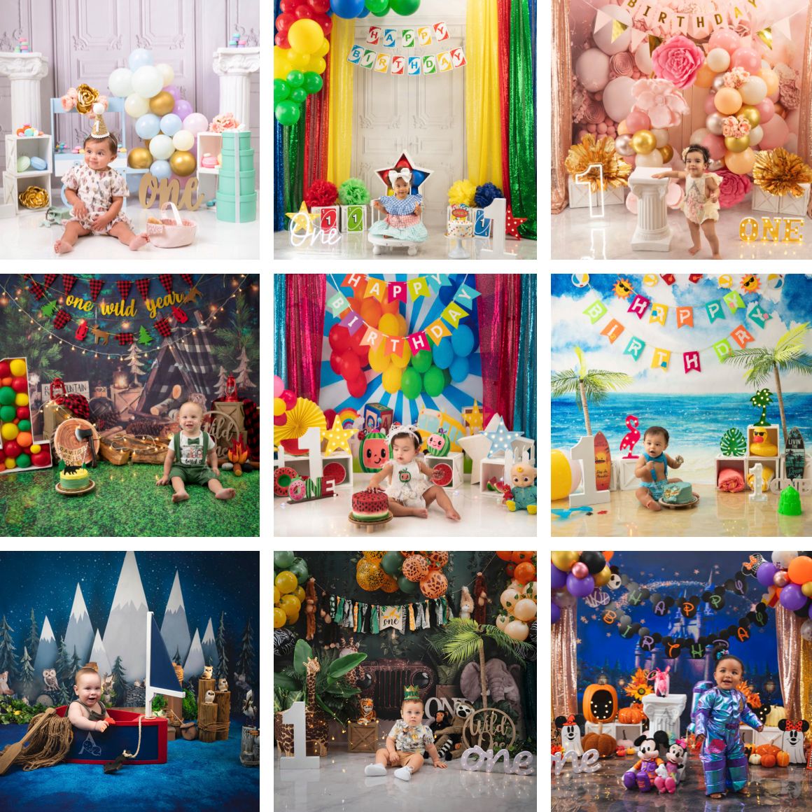 Collection of vibrant themed photo backdrops featuring festive holiday scenes, circus motifs, and colorful fantasy settings.
