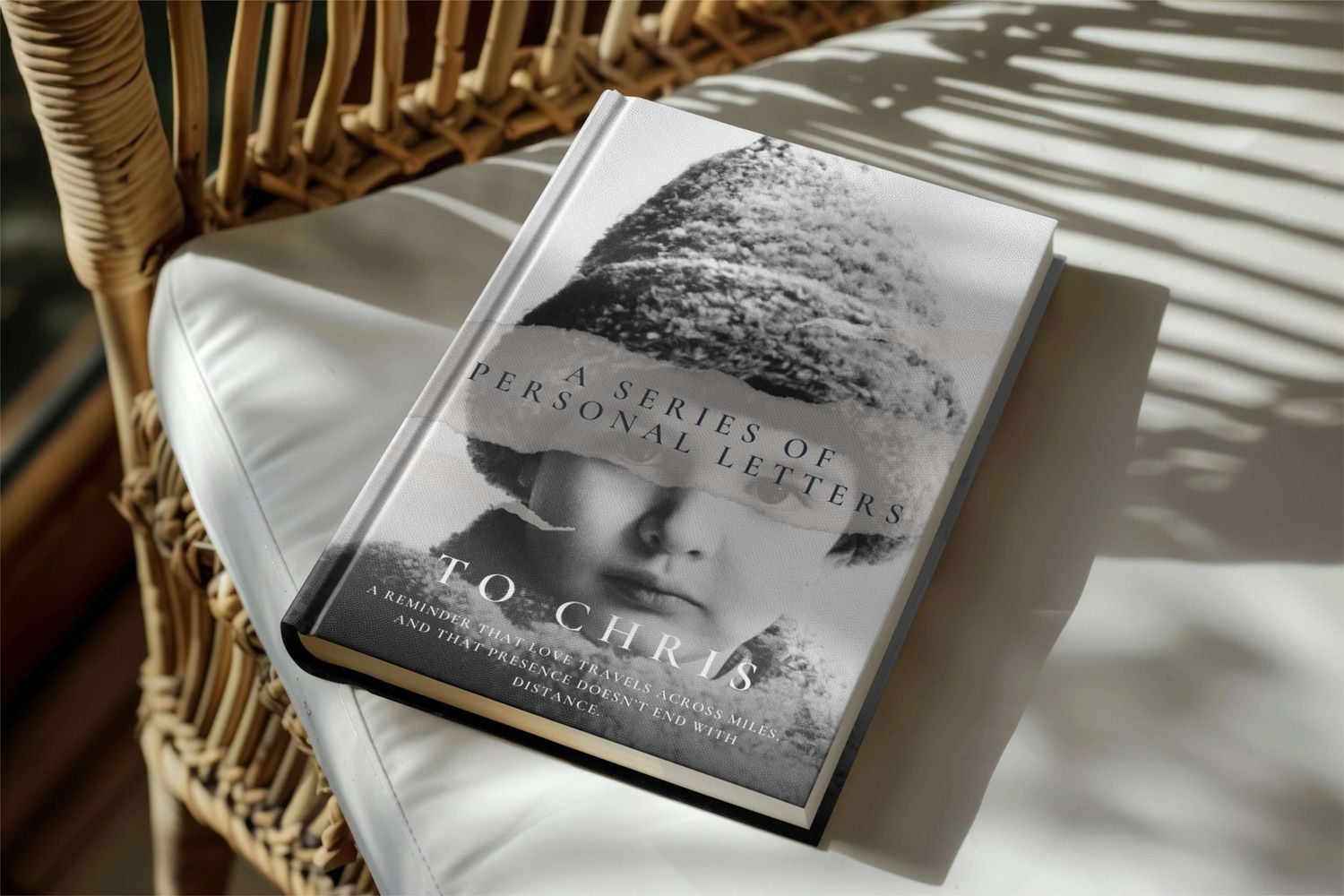 Coffee table book, książka z listami – ‘A Series of Personal Letters’ od Anety Ludwig, subtelna, czarno-biała okładka z portretem dziecka.