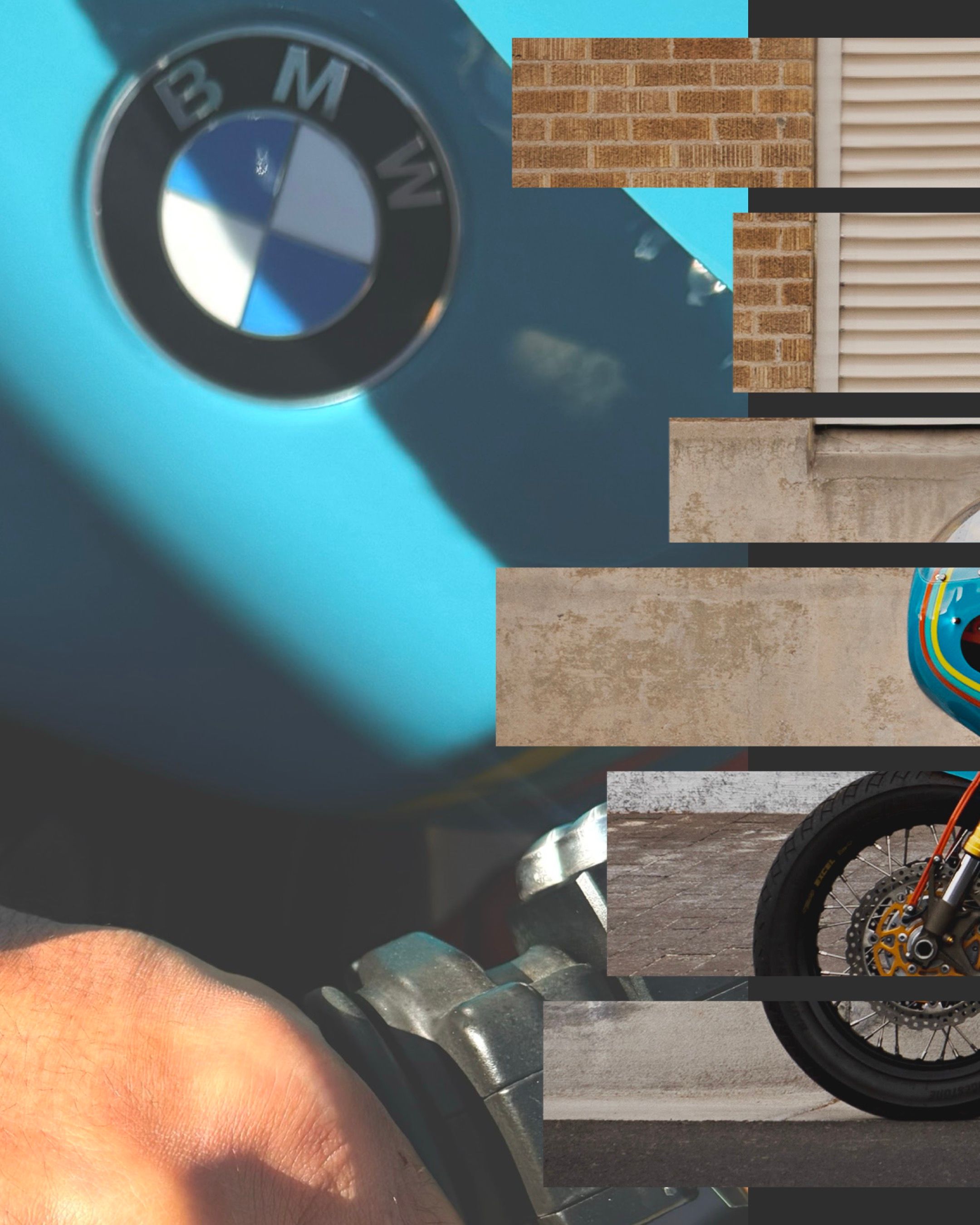 BMW logo and motorcycle wheel detail against a turquoise and brick wall background.