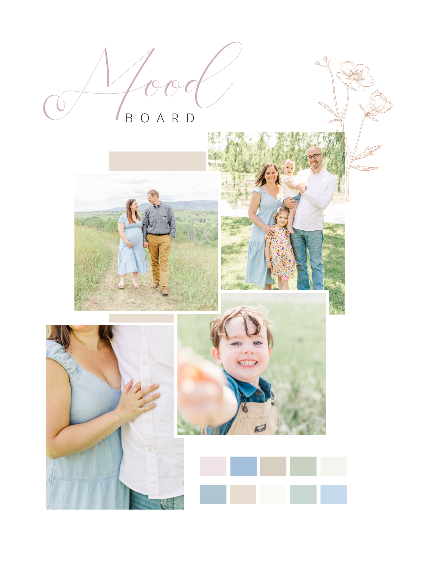 Outfit inspiration mood board with blues, tans and pale pinks for Hudson Valley photo sessions