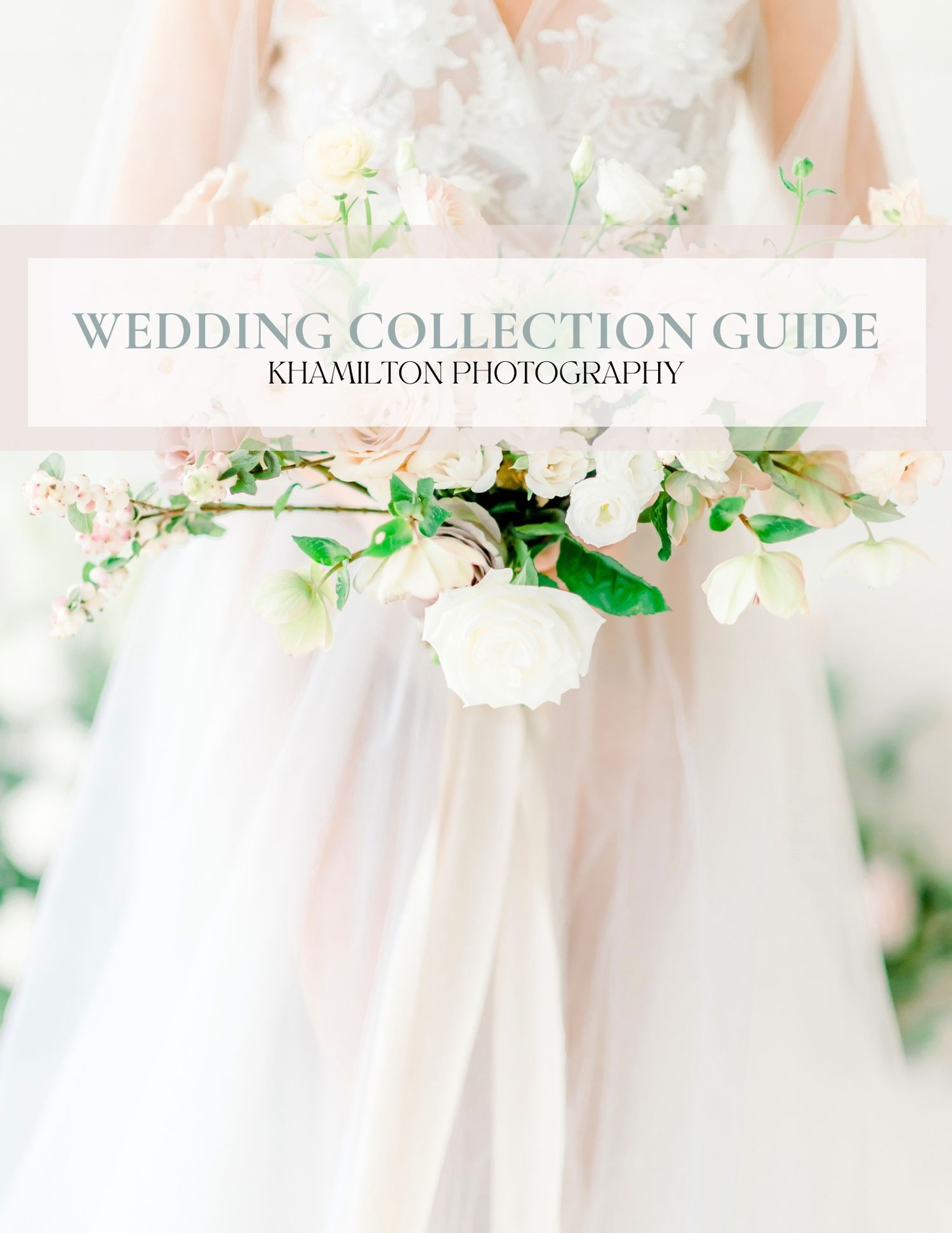 Elegant wedding collection guide cover featuring soft pink and white floral arrangements with delicate greenery accents.