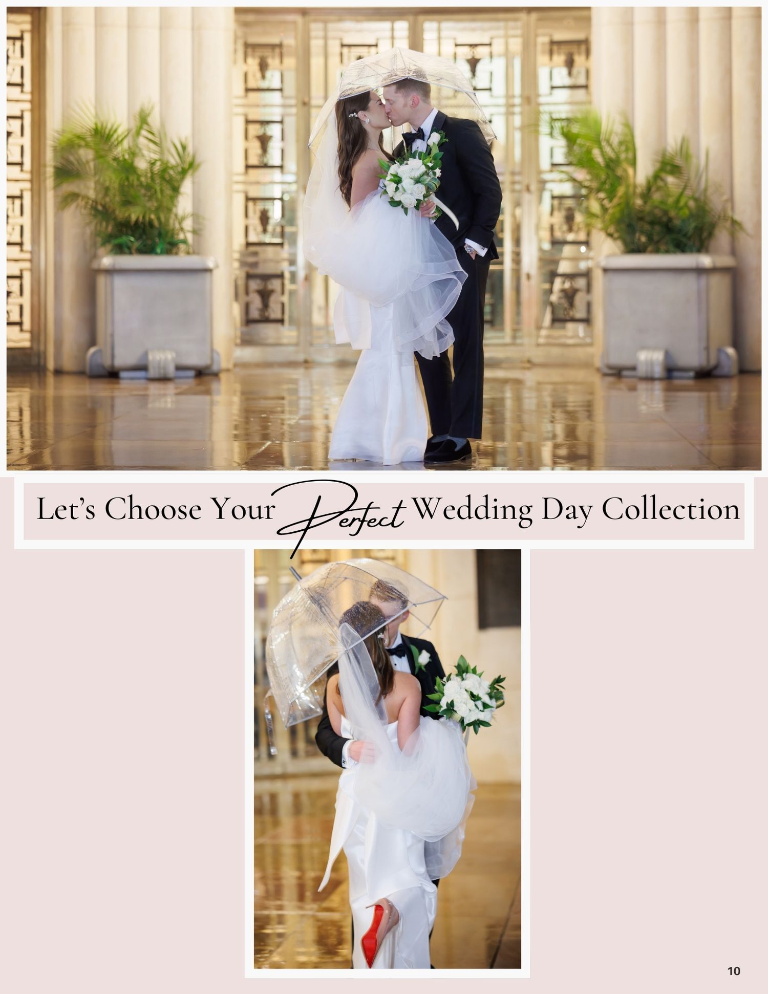 Wedding couple embraces in front of elegant white columns with romantic lighting and floral arrangements.