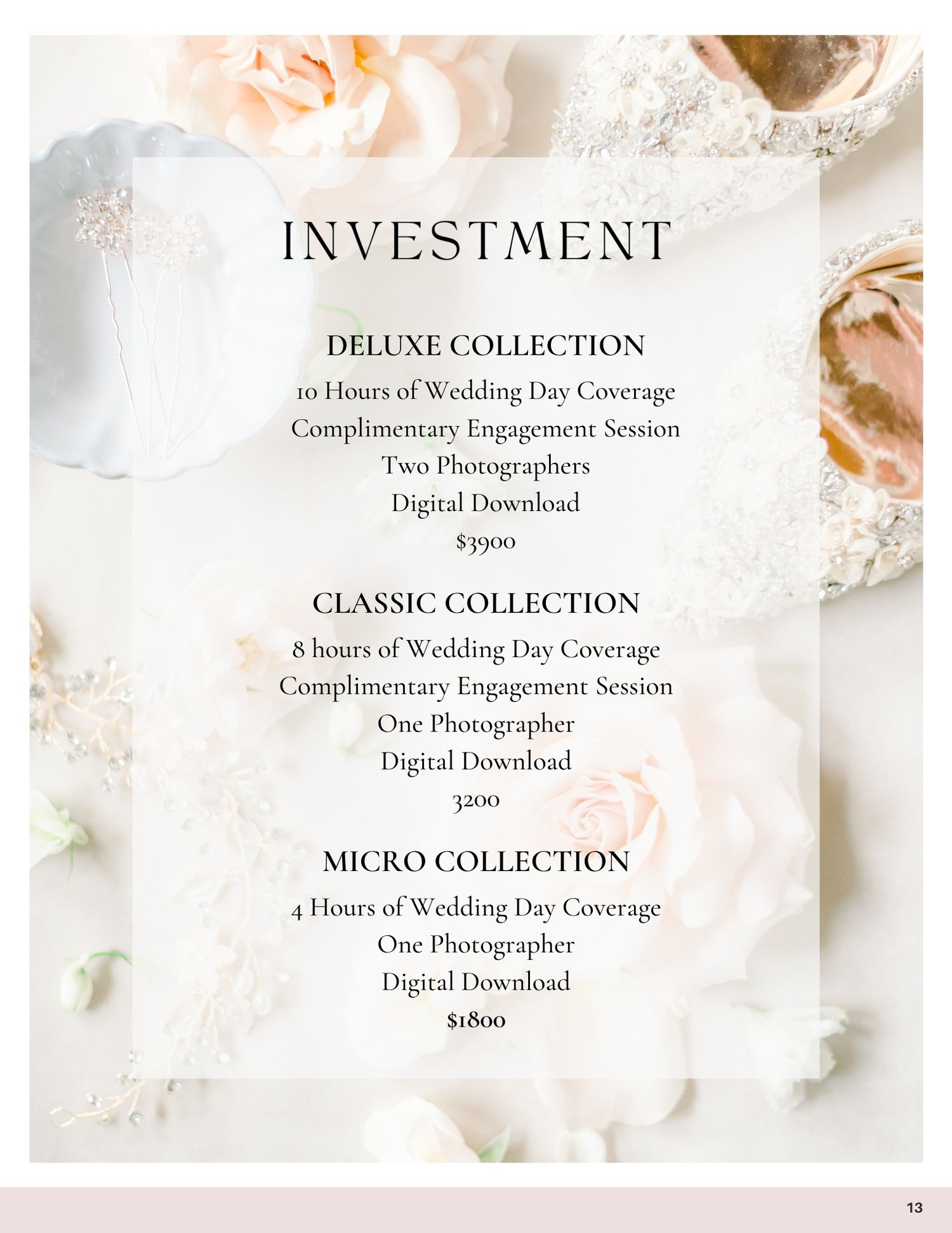 Wedding photography pricing guide showing investment packages and collection details on a light floral background.