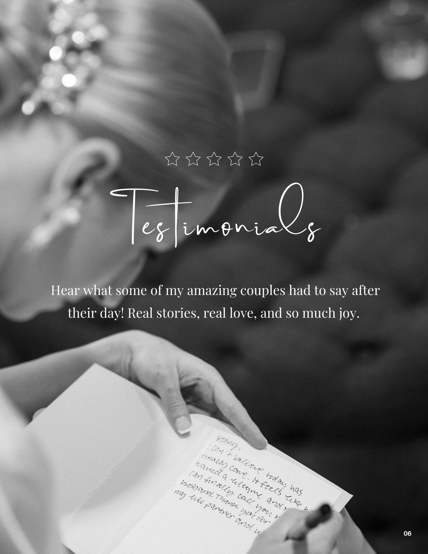 Black and white wedding testimonials page showing handwritten notes and elegant typography.
