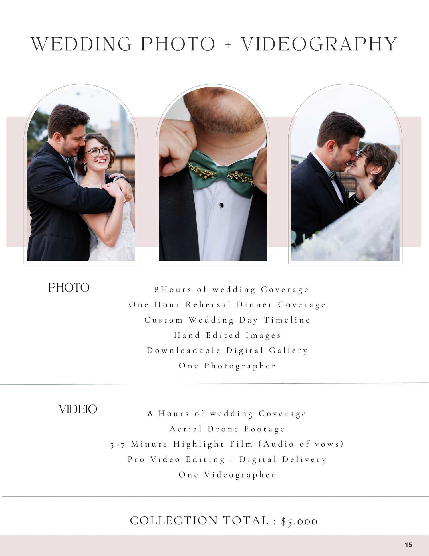 Wedding photo and videography package brochure featuring romantic couple portraits and pricing details for photography and video services.