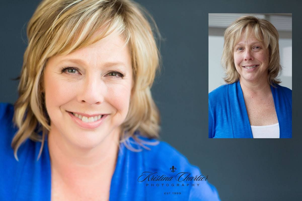 Professional headshot photo of someone wearing a bright blue top against both dark and light backgrounds.