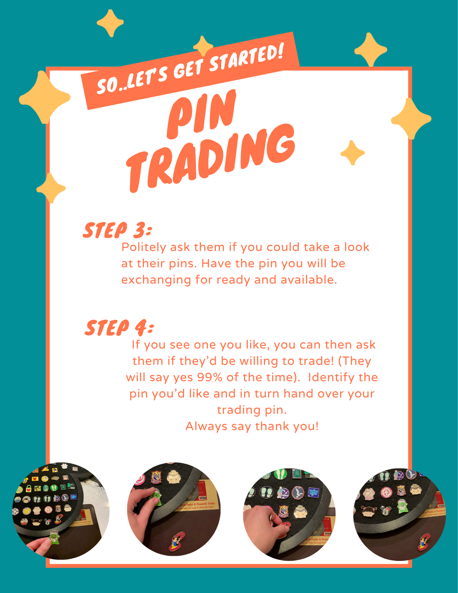 Guide showing steps 3 and 4 of pin trading with photos of Disney pin collections.