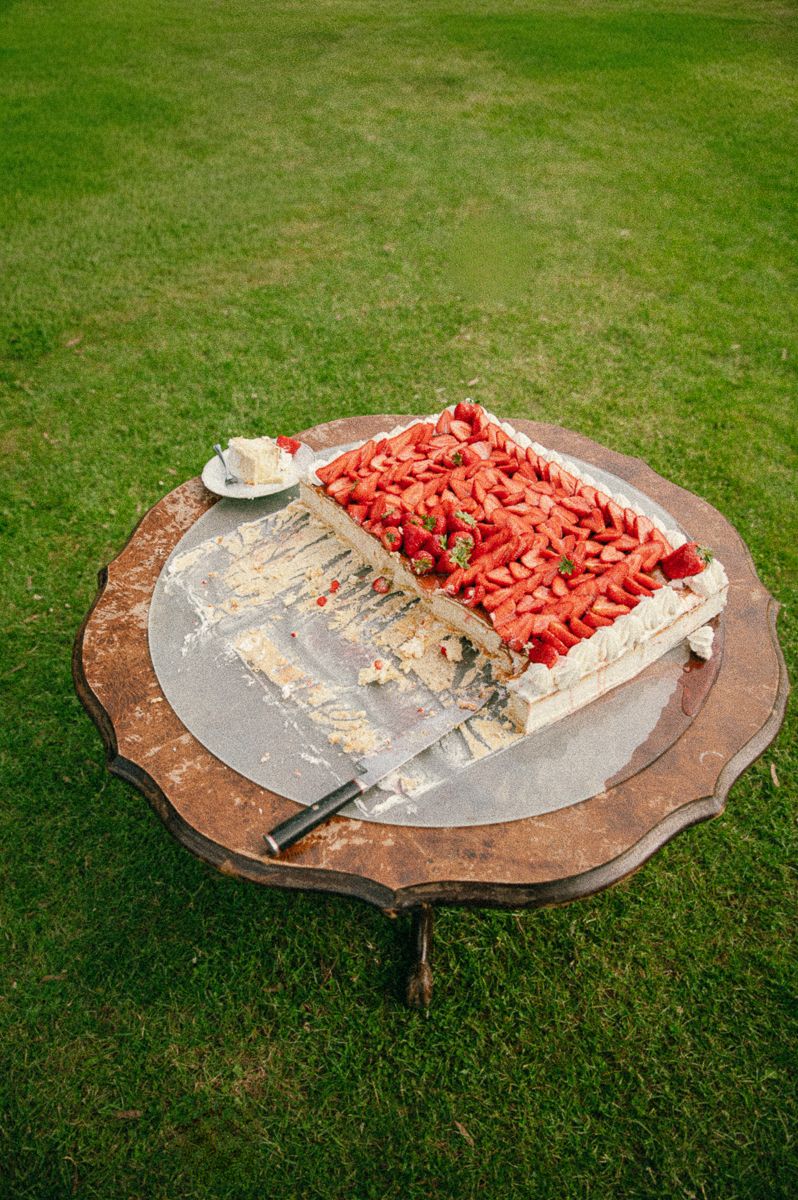Partially sliced rectangular strawberry cake topped with fresh strawberries on a rustic table outdoors on green grass.