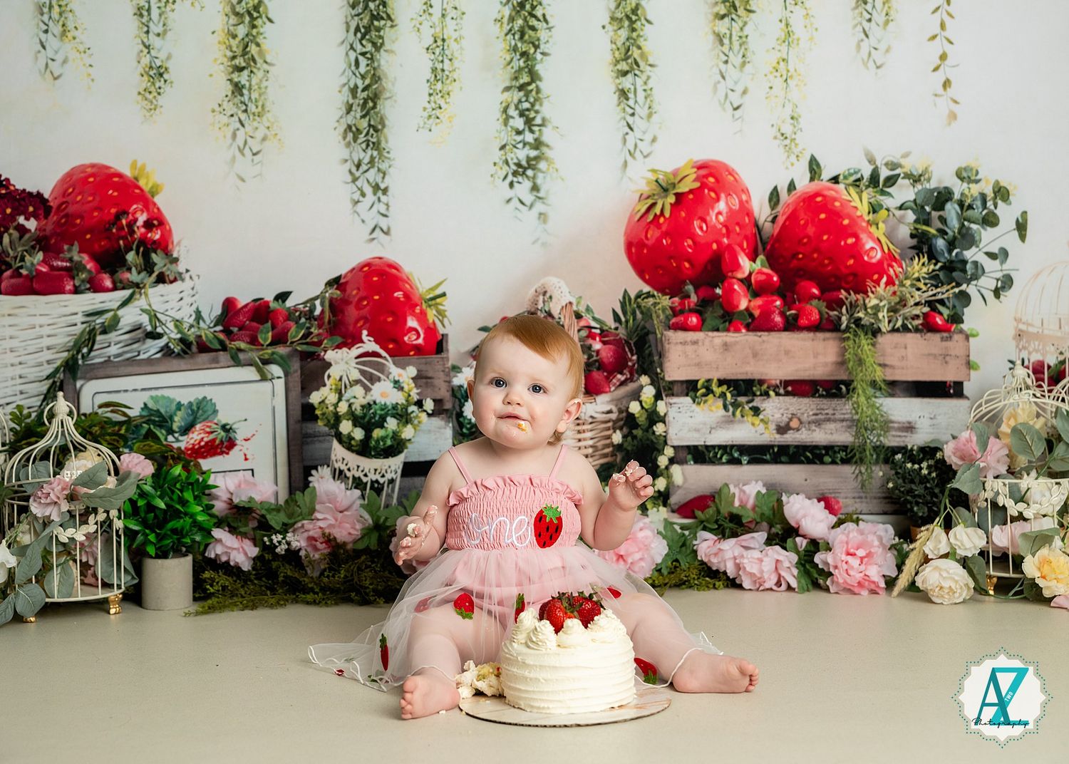 Beautiful cake smash setup with wooden crates, green vines, red roses and balloons against white backdrop for birthday celebration.