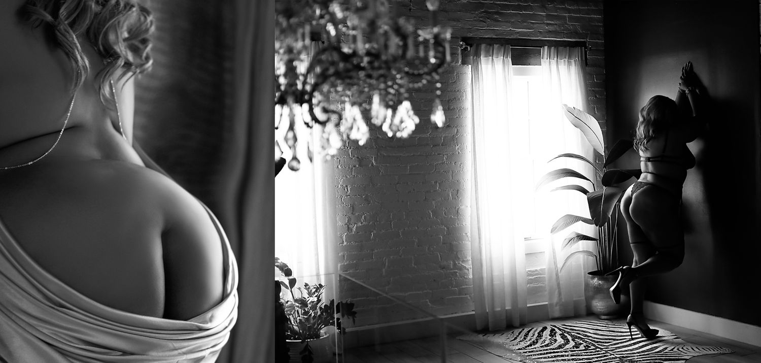 Artistic black and white portrait emphasizing curves and shadows in natural window light.