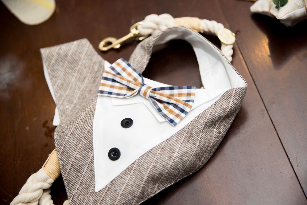 Gray pet bandana with bowtie designed to look like a formal tuxedo.