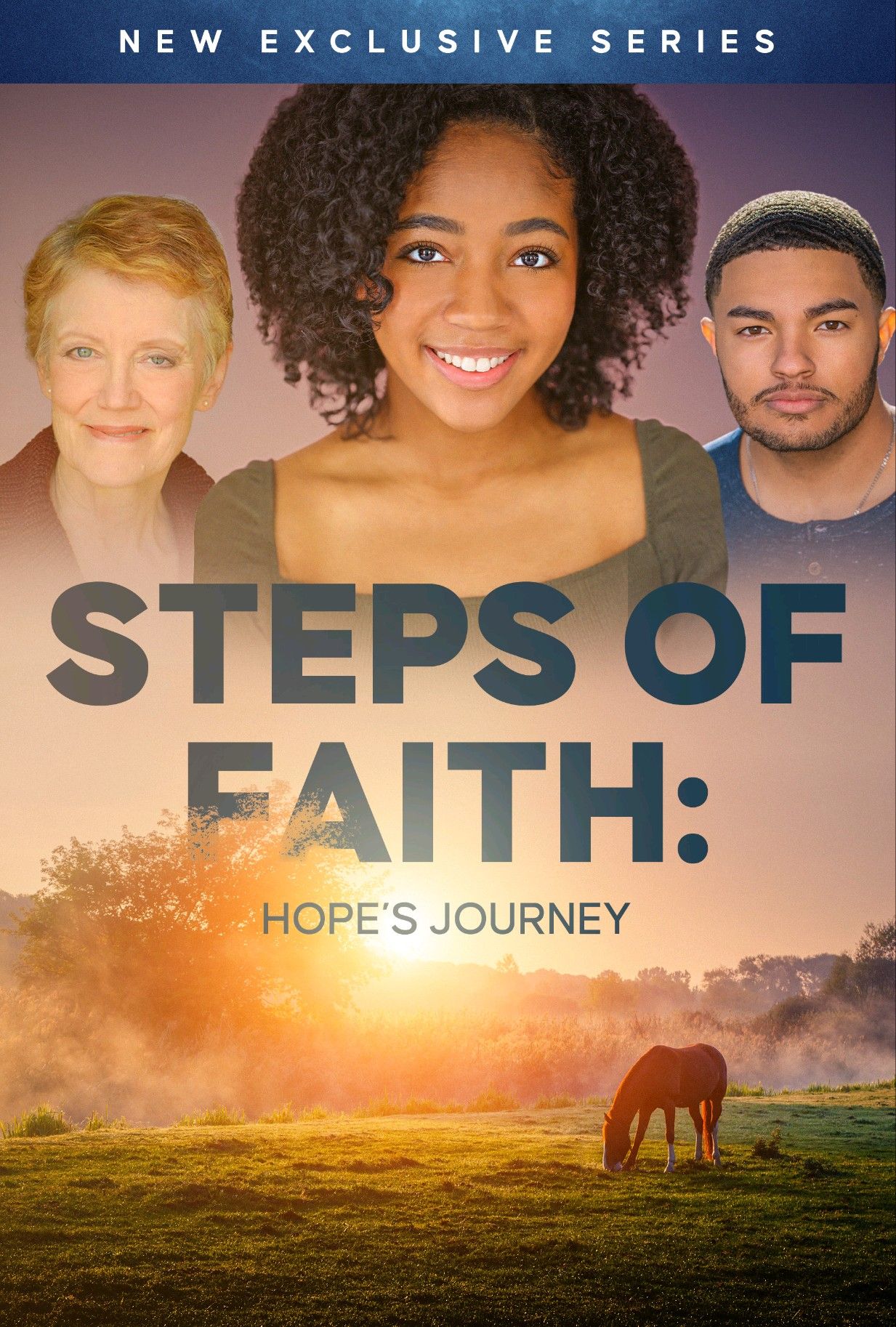 Faith-themed series banner showing diverse cast portraits against scenic landscape backgrounds with horse silhouette at sunset.