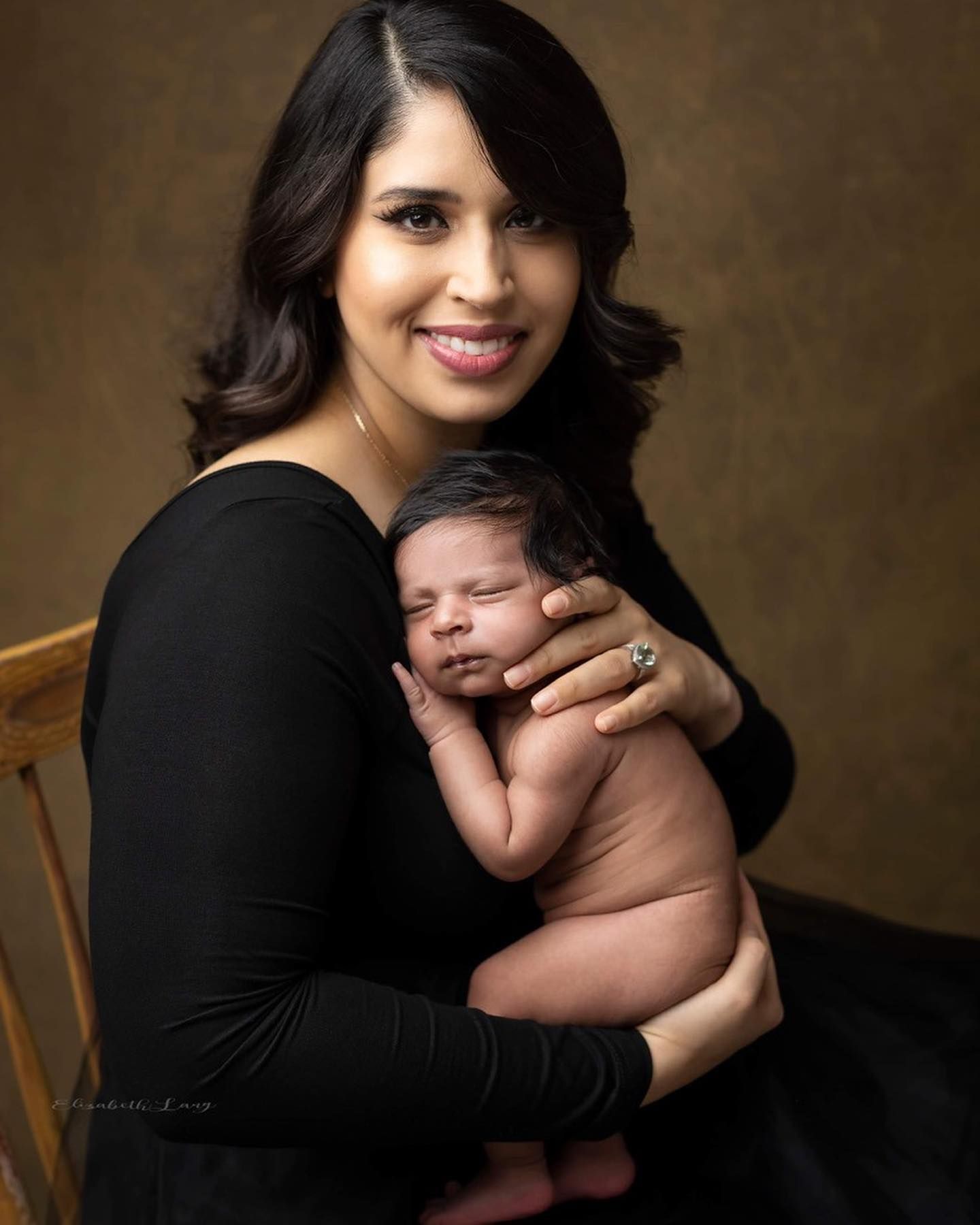 A heartwarming series of newborn photography portraits showing tender moments between mother and baby against a dark backdrop.