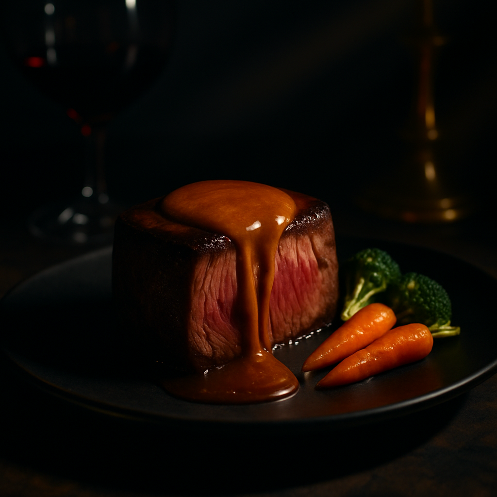 Gourmet steak dinner plated with vegetables in dramatic dark lighting.