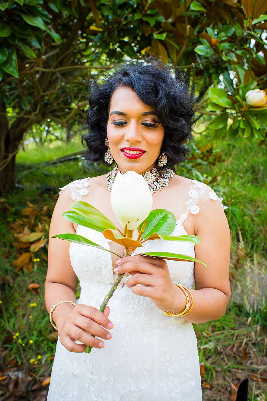 A series of close-up photos showing hands holding a white lily against lush greenery in a garden setting.