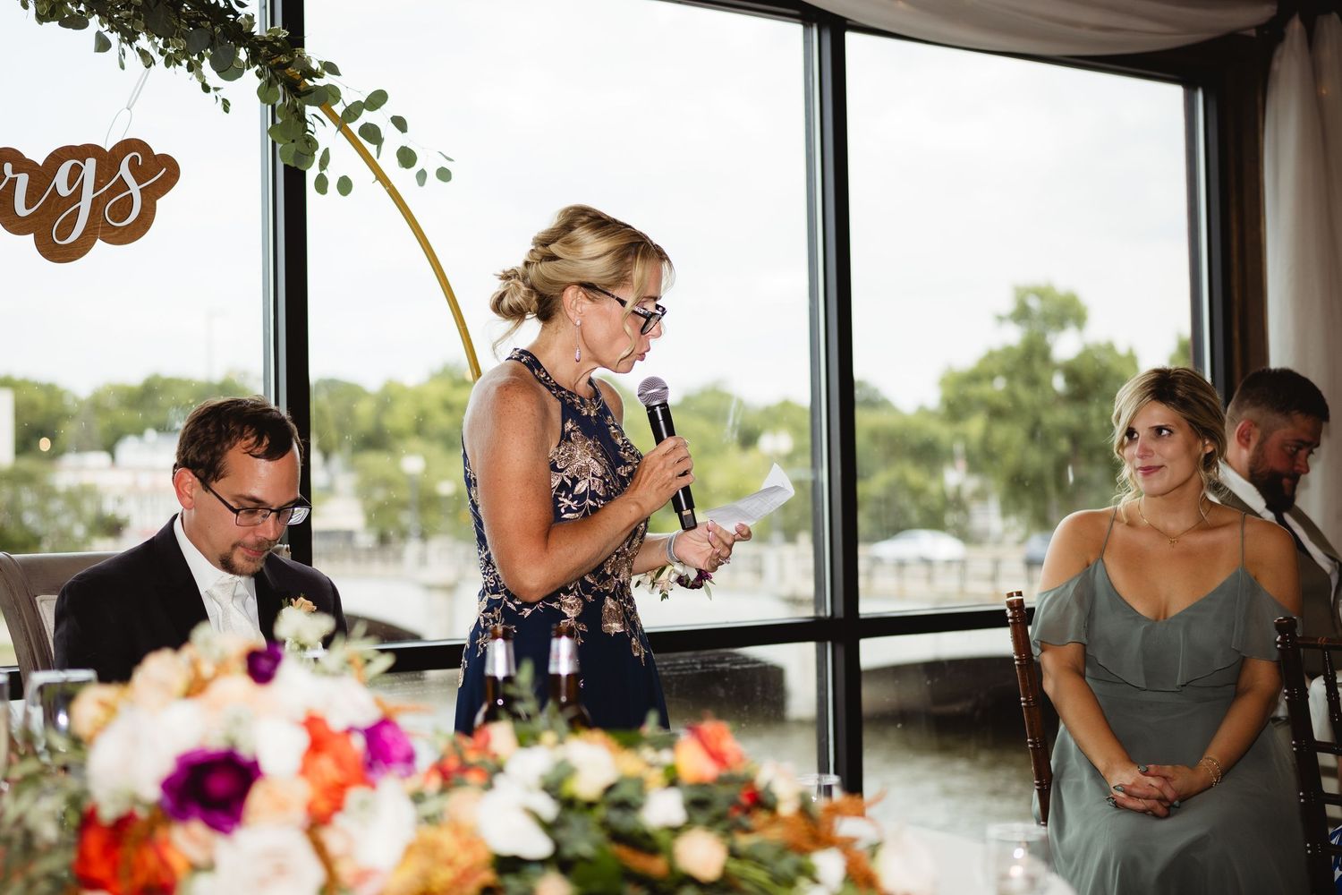 A collage of wedding celebration moments featuring decorated tables, outdoor views, and people gathering at a reception venue.