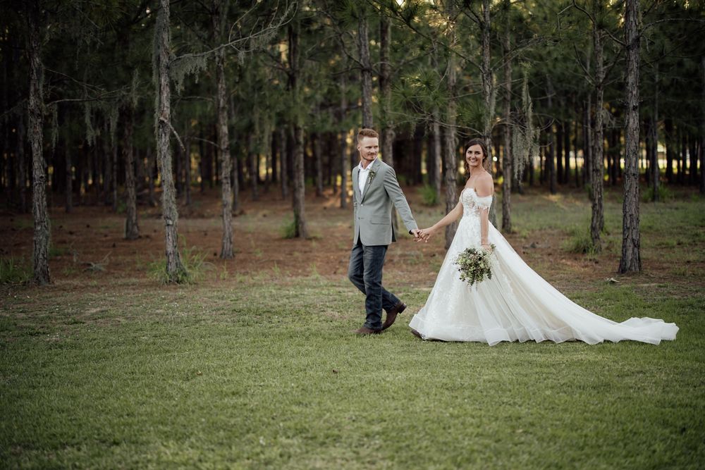 A wedding photo series showing couple walking through a scenic wooded area in formal attire.