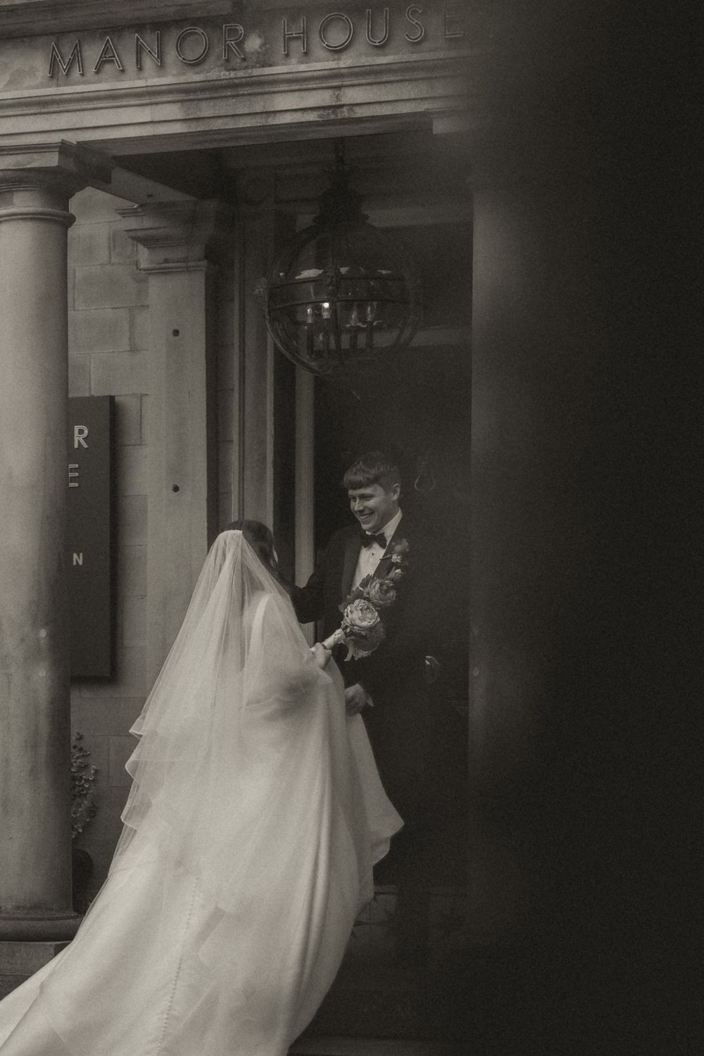 A series of vintage black and white photos showing a bride in a flowing veil entering through a doorway.