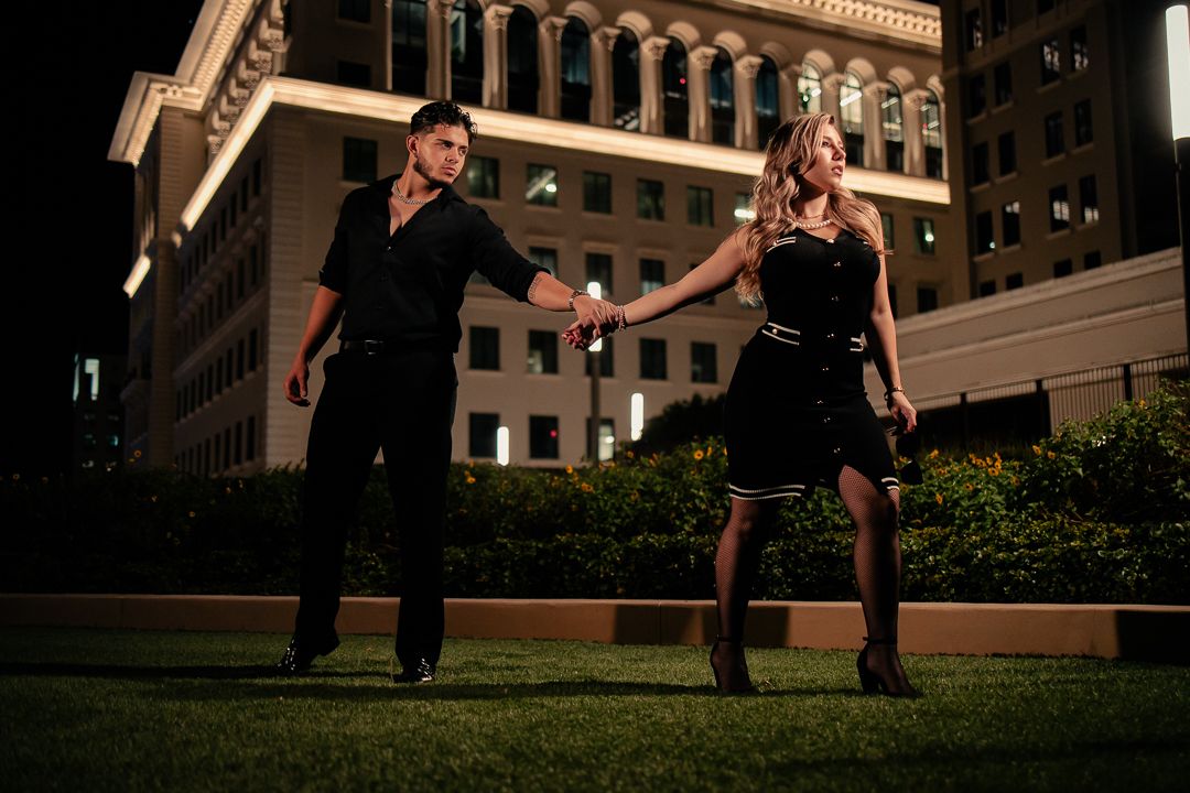 Cinematic South Florida couple session, Pinterest wedding inspo with city night backdrop styled by MannyPortraits.