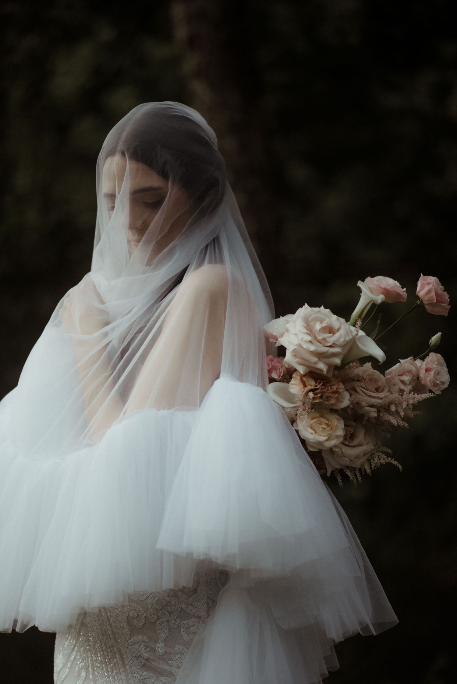 A bride in a sheer white veil holds a romantic bouquet of blush roses against a dark moody background.