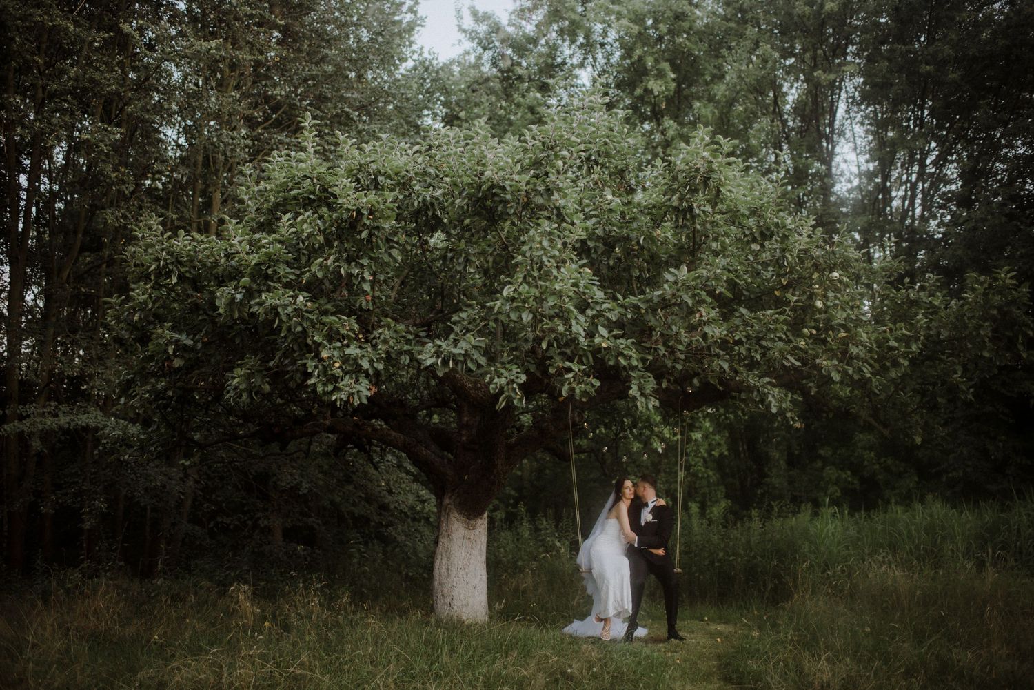 A romantic moment under a flowering tree in a moody woodland setting.
