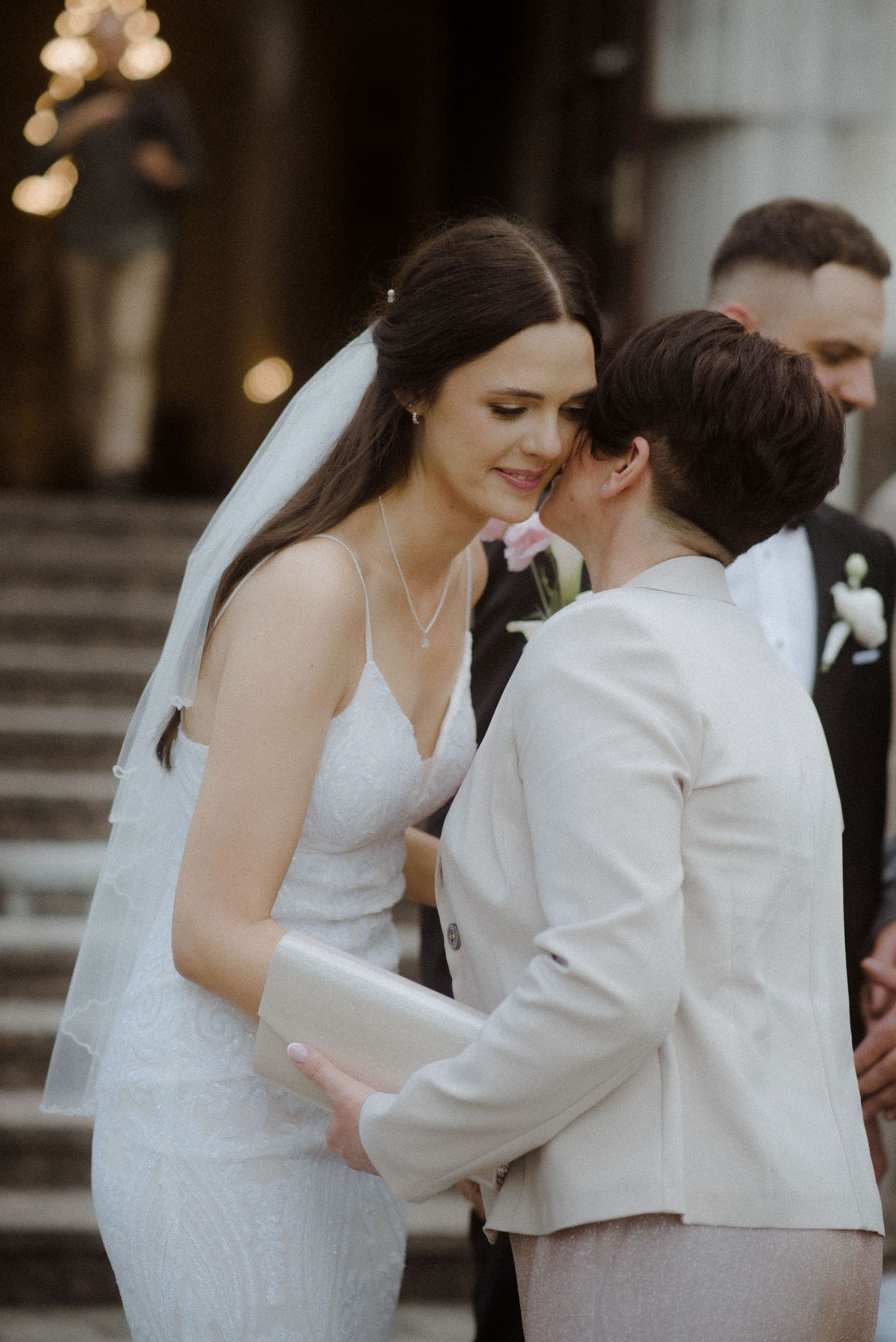 Series of intimate wedding moments showing a couple sharing laughter on ceremonial steps.