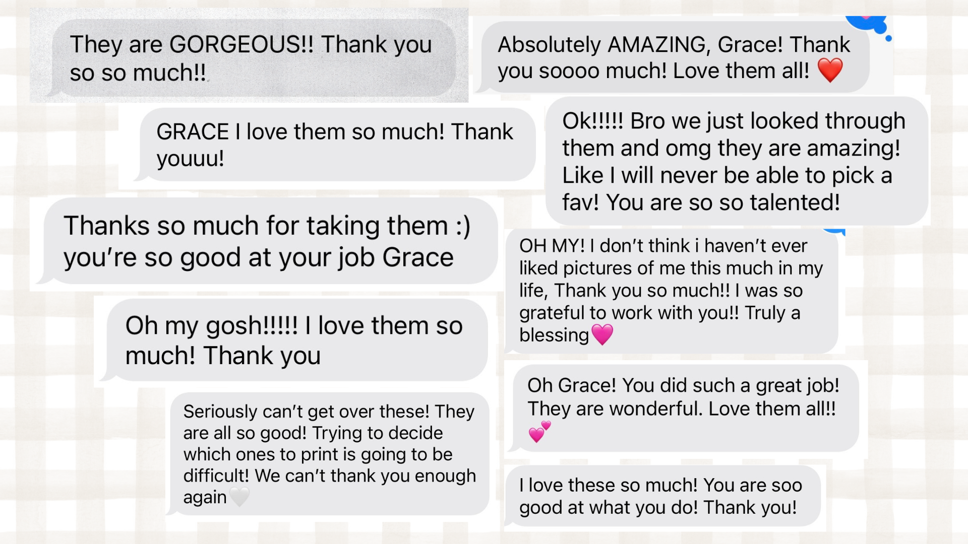 Screenshot of positive customer review messages expressing gratitude and excitement.