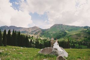 Scenic mountain landscape with green meadows and pine trees in multiple connected panoramic shots.