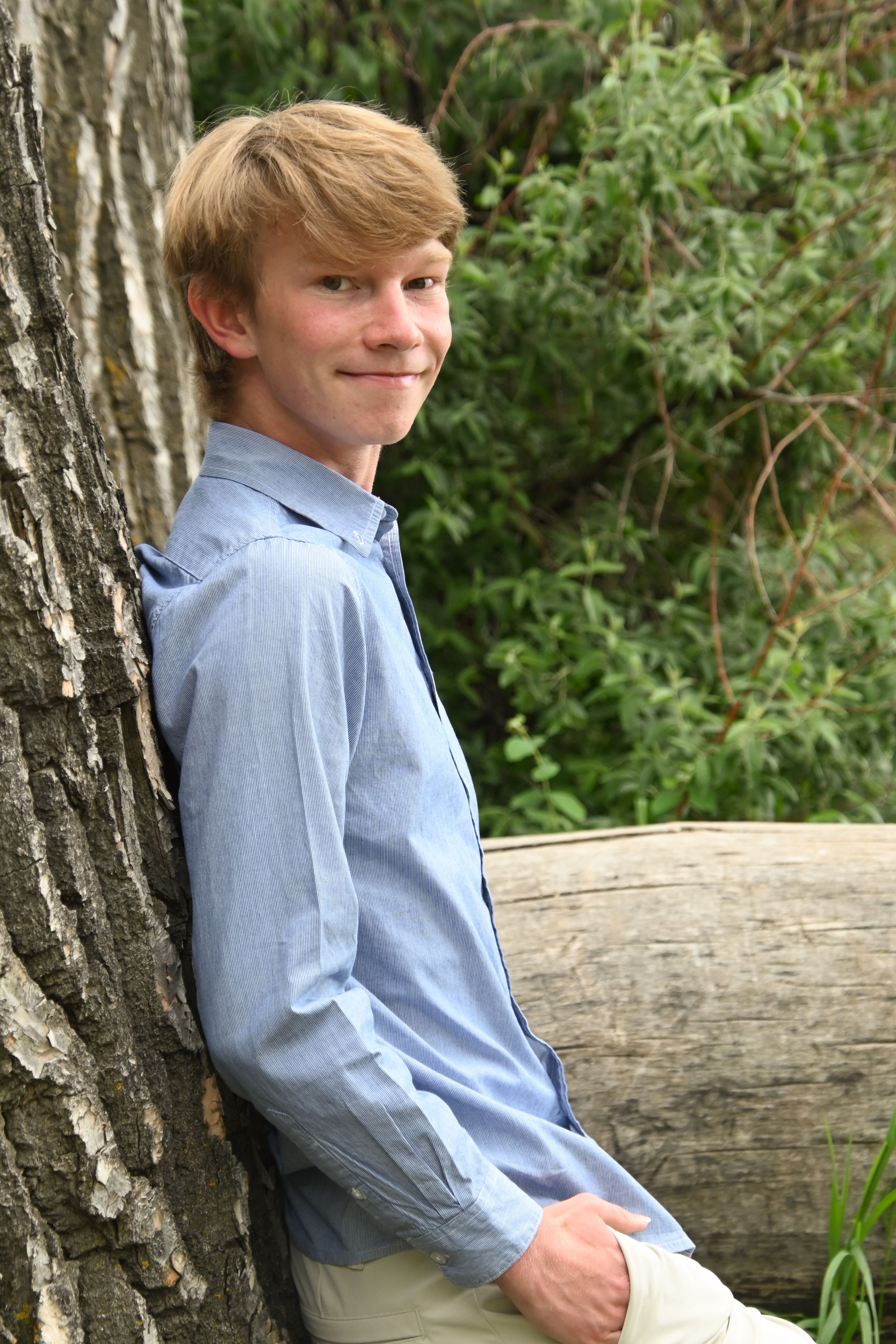 A young person in a blue button-down shirt sits casually on a fallen log in a natural outdoor setting.