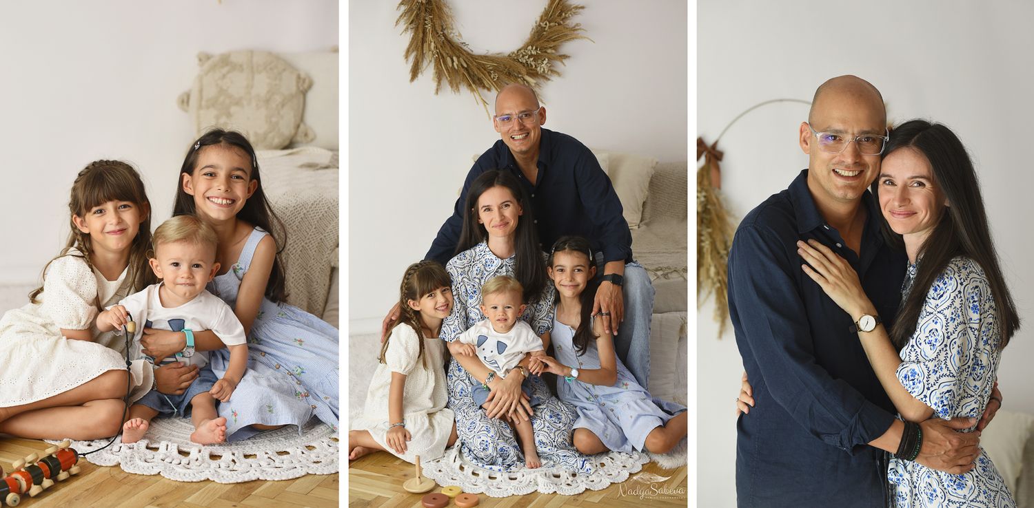 A collection of lifestyle photography portraits showing candid family moments in muted neutral tones.