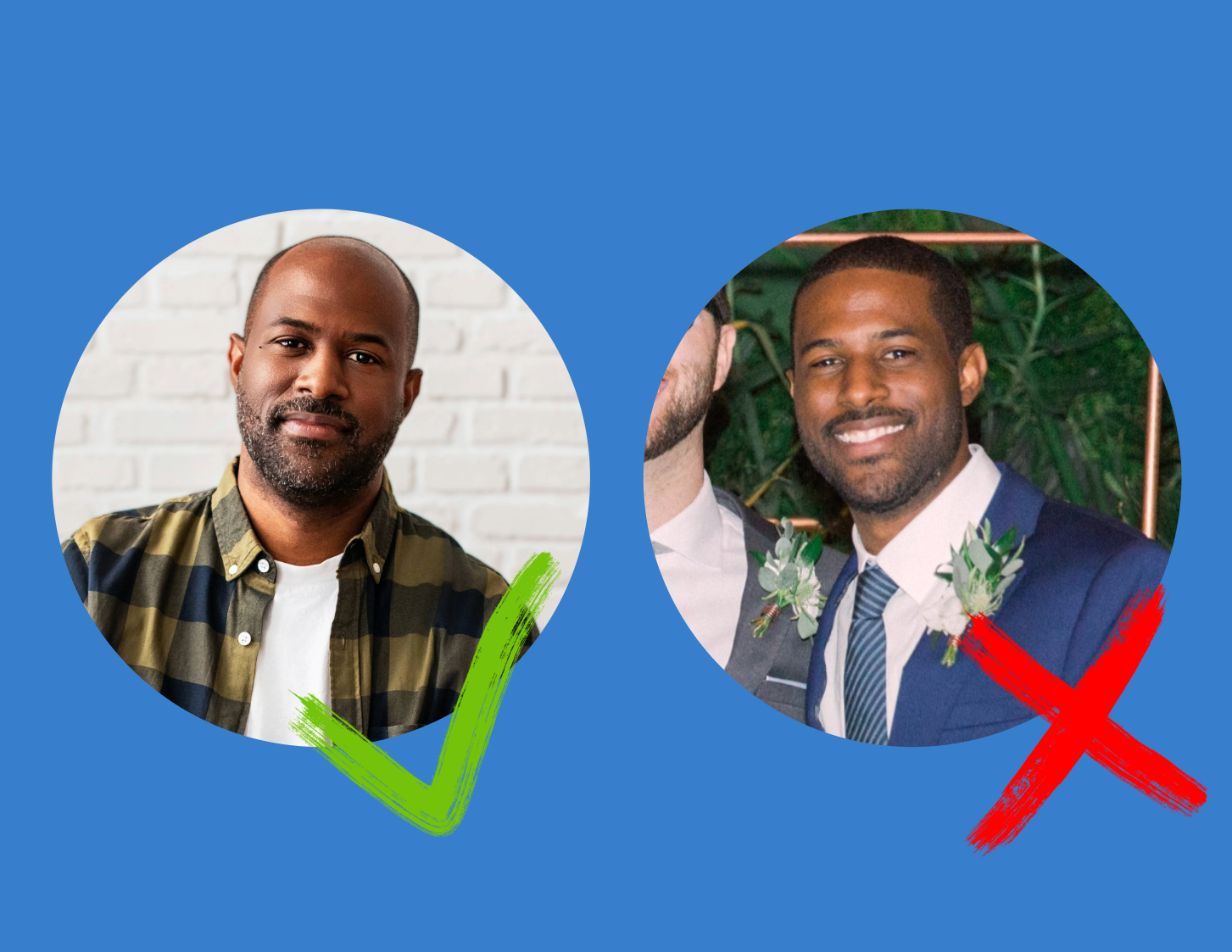 Side-by-side comparison of a professional headshot and a cropped wedding photo with checkmark and X