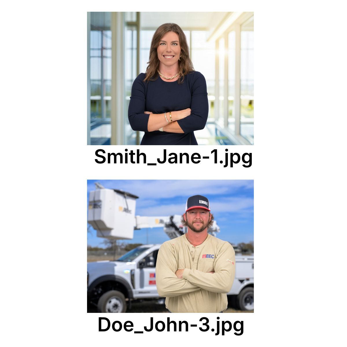 Example of custom alphabetical file naming workflow for high-volume corporate headshot shoots.