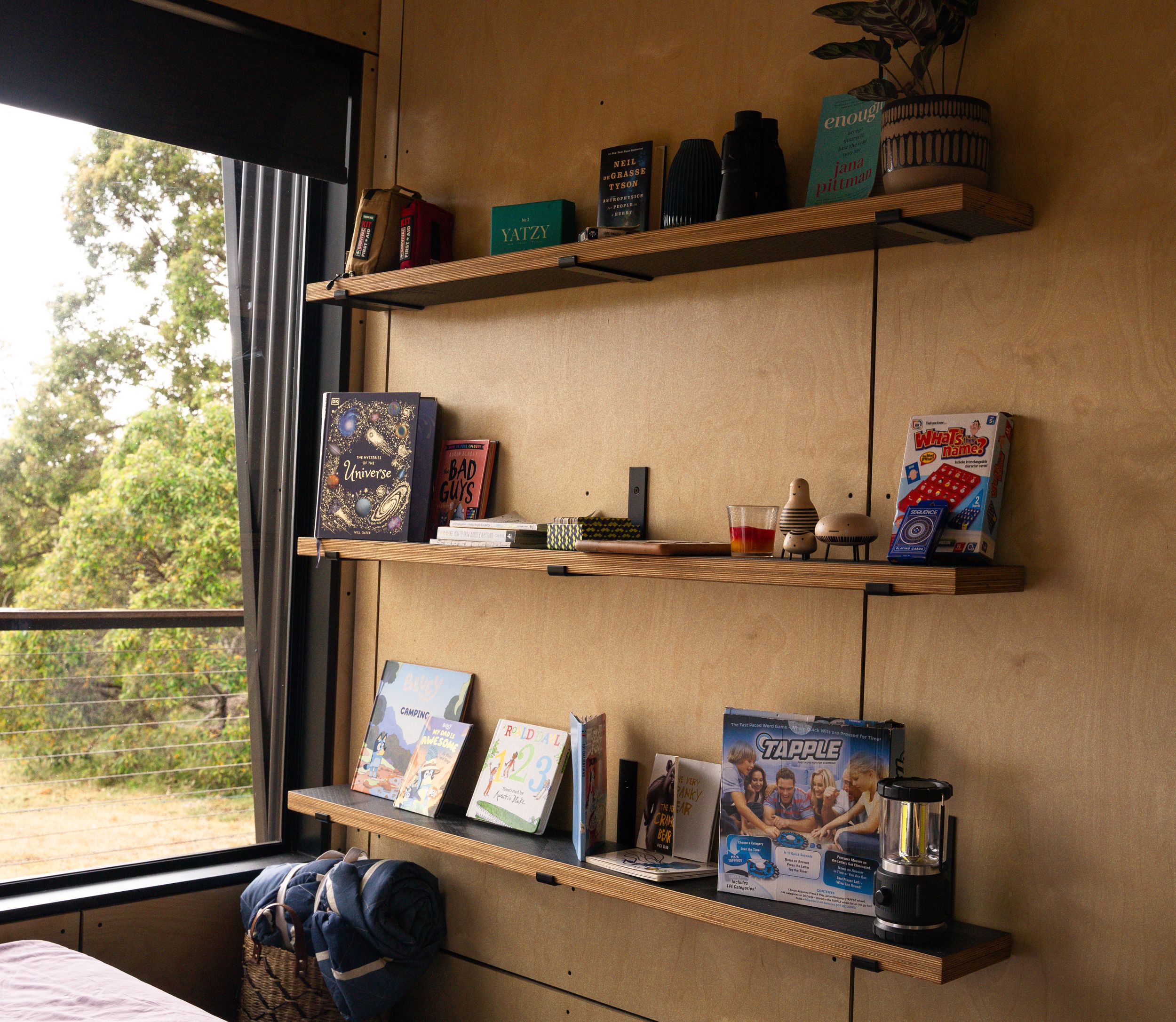 Wooden shelves displaying books and decor items next to large window with bush views.