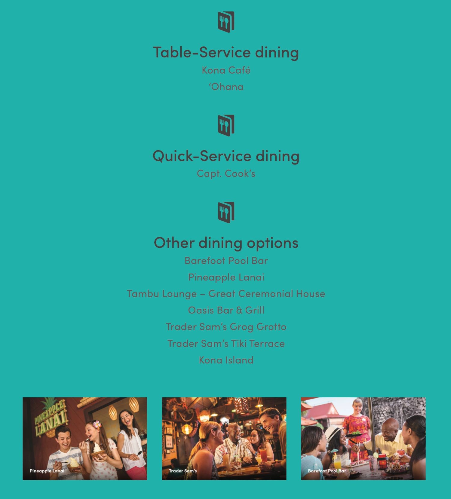 A teal menu layout showing dining options at Disney's Polynesian Resort including table service and quick service options.
