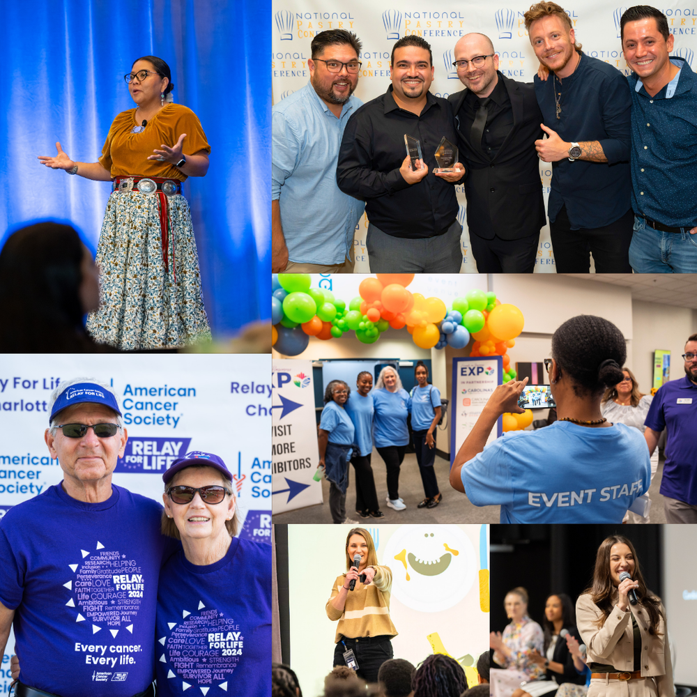 A collage of professional event photos showing people at an HR Summit awards ceremony and various conference activities.