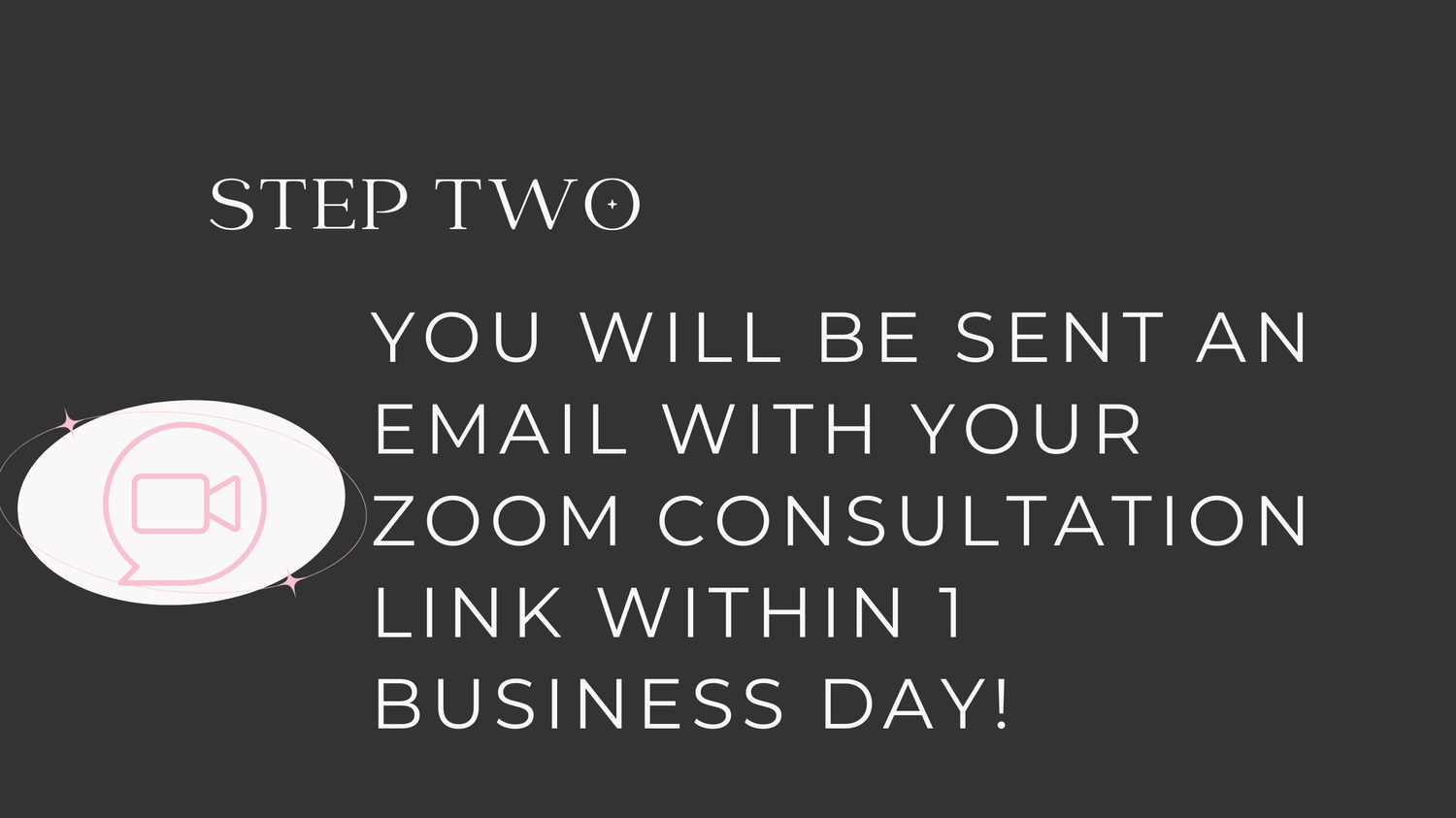 A text graphic showing step two instructions about receiving a zoom consultation link via email within one business day.