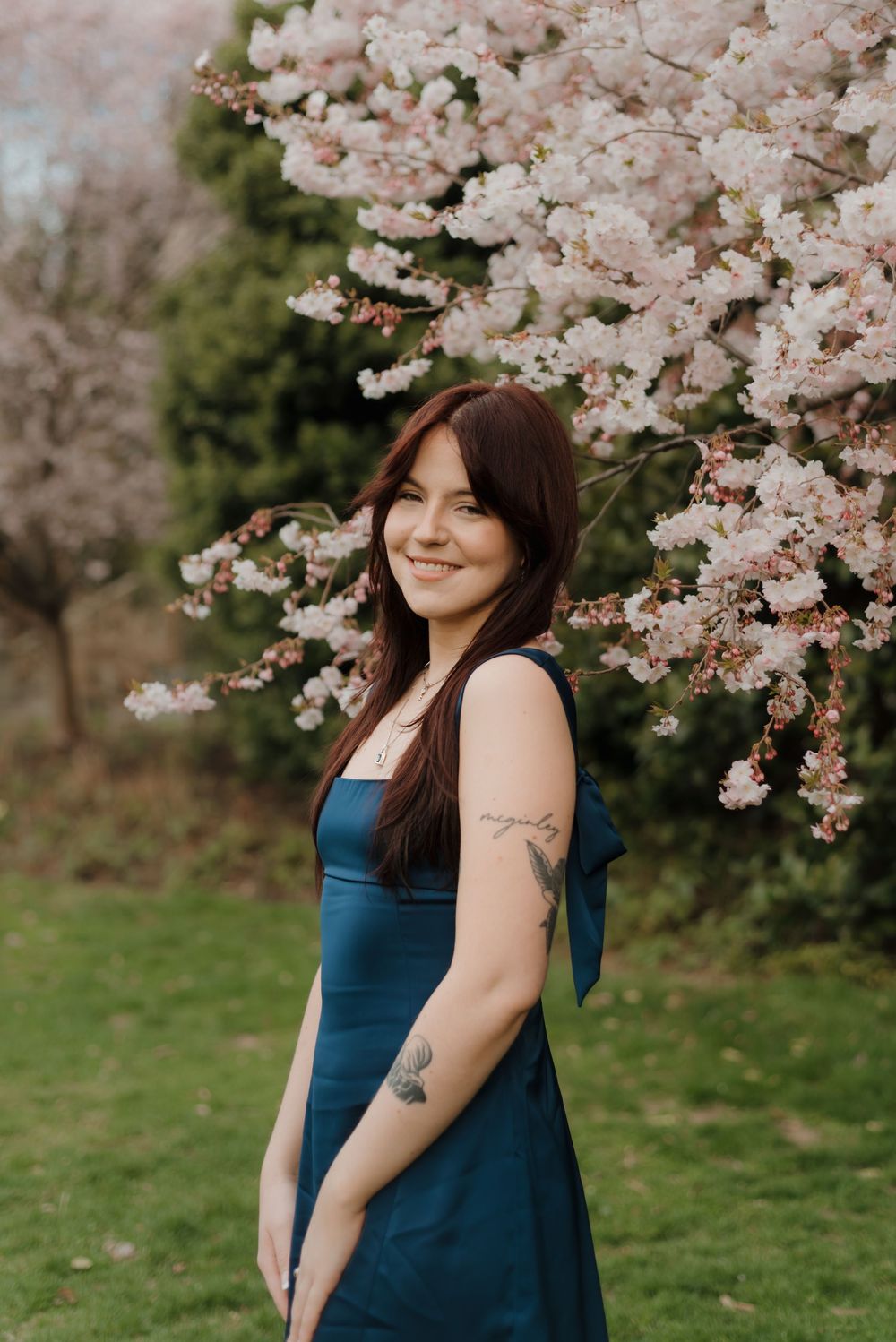 A springtime portrait session under blooming cherry blossoms with a navy blue dress against a natural backdrop.
