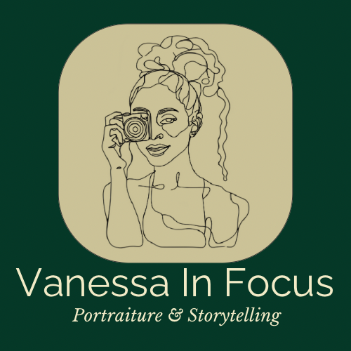 Abstract line art portraits in cream and dark green showing minimalist faces with curvy flowing lines and text 'Vanessa In Focus'.