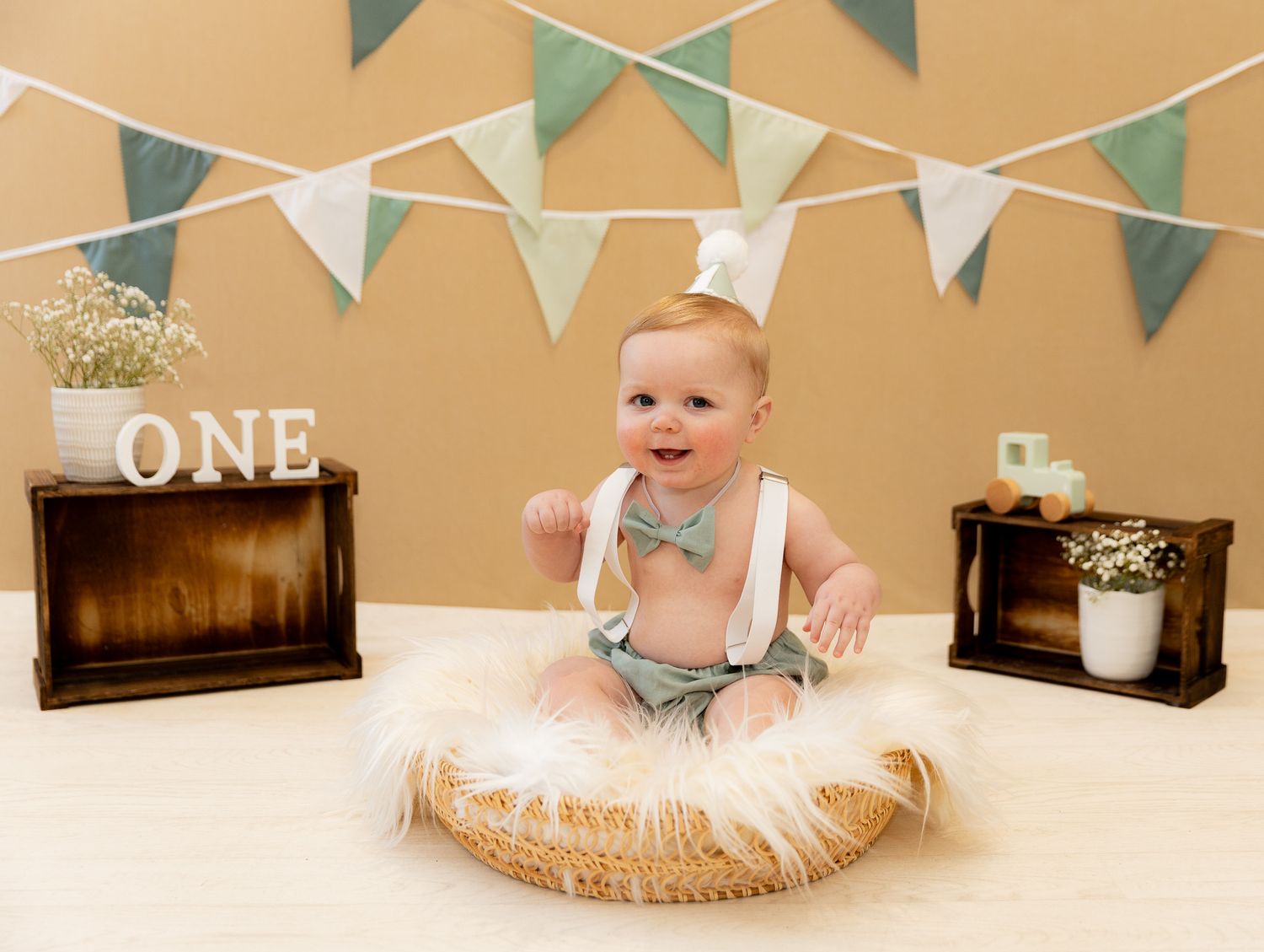 A series of baby milestone photos with a cake smash celebration displayed in a decorative banner collage.