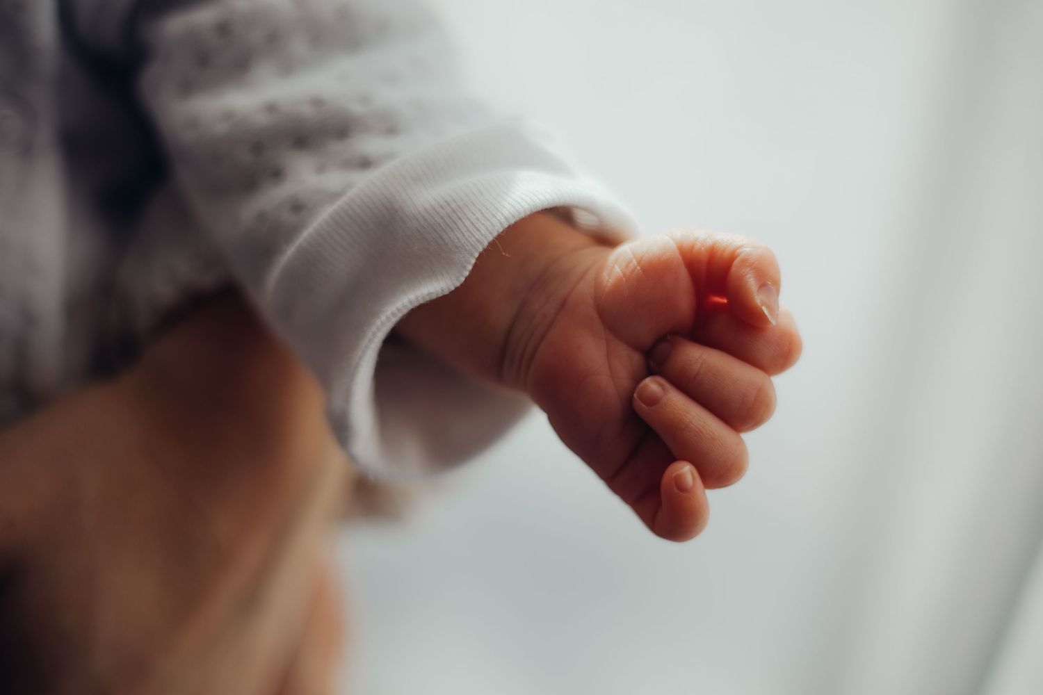 Close-up of a newborn babys tiny hand with red-tipped fingers resting gently on an adults hand.