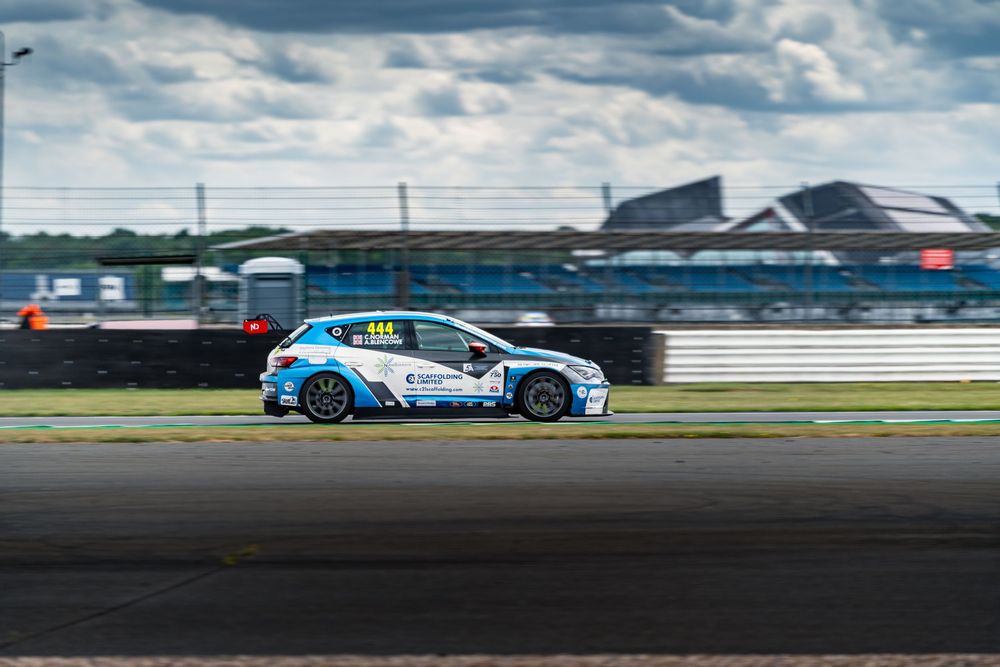 A blue and white racing car speeds along a racetrack with cloudy skies and buildings in the background.