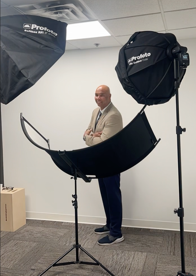 Modern Herndon VA photography studio equipped with Profoto professional lighting for a clean and timeless look."